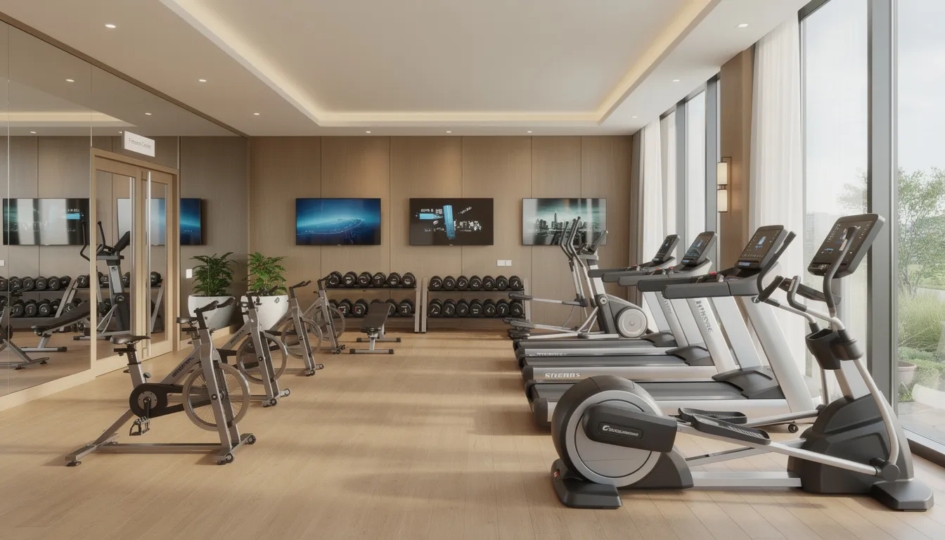 The image depicts a well-appointed hotel fitness center filled with various exercise machines, including treadmills and weights, illuminated by natural light streaming through large windows. The gym features acoustic gym flooring designed to minimize sound transmission and vibrations, creating a pleasant workout environment for guests.