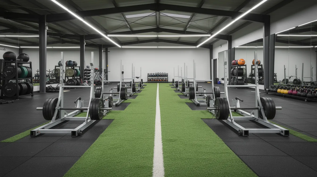 The image depicts a functional training area featuring vibrant green turf lanes and dark rubber flooring, equipped with sled push equipment, ideal for high traffic areas in fitness centers. This durable gym flooring is designed to withstand heavy foot traffic while maintaining a sleek appearance that aligns with brand identity.