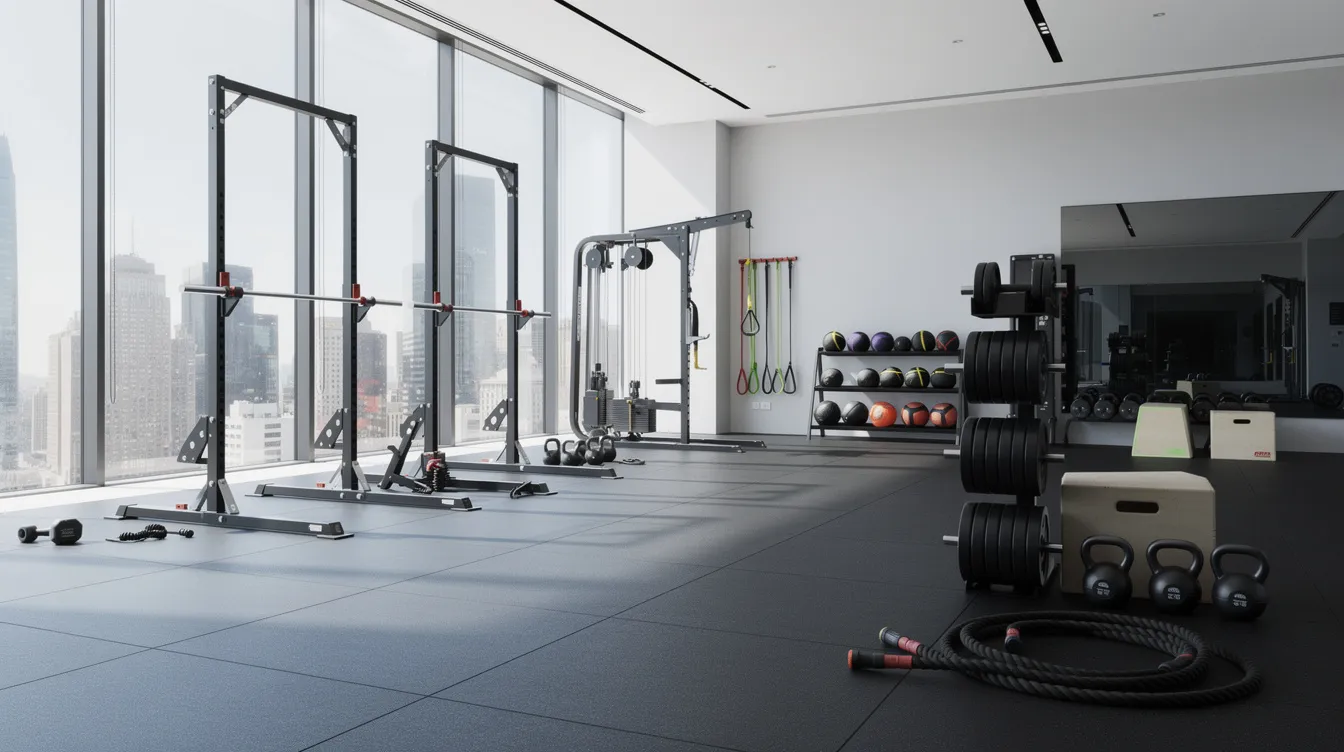 The image depicts the interior of a modern gym featuring large windows that allow bright natural light to flood the space, highlighting the clean rubber flooring and functional training equipment. This design emphasizes durability and style, making it ideal for high traffic areas in fitness centers located in South Florida.