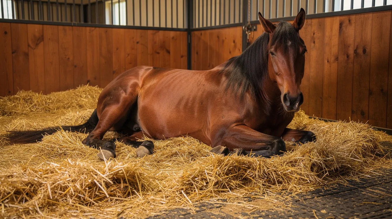 A bay horse is resting comfortably in a clean, well-bedded stall, with dark rubber stall mats visible at the edges, providing a durable and slip-resistant surface for year-round comfort. The rubber mats help protect against cold concrete floors and reduce bedding costs, making them an excellent choice for horse owners.