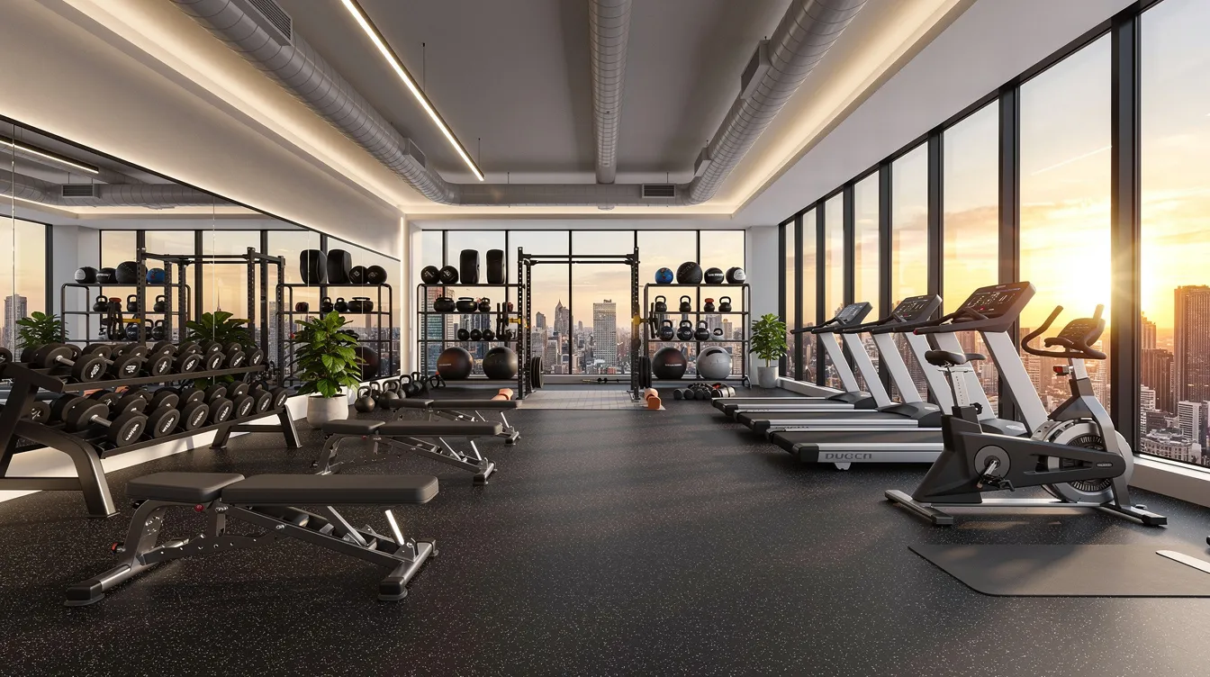 The image depicts a modern luxury condominium fitness center featuring floor-to-ceiling windows that provide a stunning view of the city skyline. Inside, commercial gym equipment is organized in designated zones on durable rolled rubber flooring, designed for impact absorption and moisture control, creating an ideal space for strength training and cardio workouts.